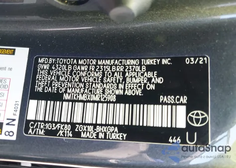 2021 Toyota C-Hr Xle из США, поврежденный, VIN NMTKHMBX0MR125908